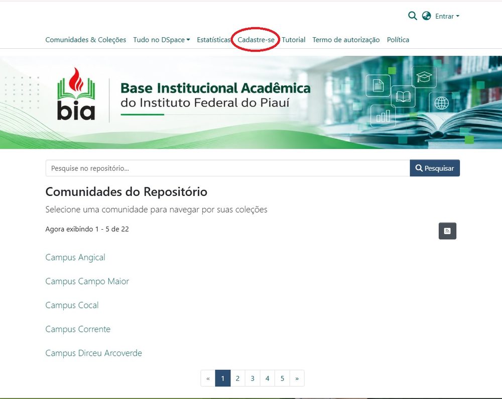 Página inicial do repositório BIA. Na barra superior aparecem os links Comunidades e Coleções, Tudo no DSpace, Estatísticas, Cadastre-se, Tutorial, Termo de autorização e Política. O link Cadastre-se está destacado com um círculo vermelho.