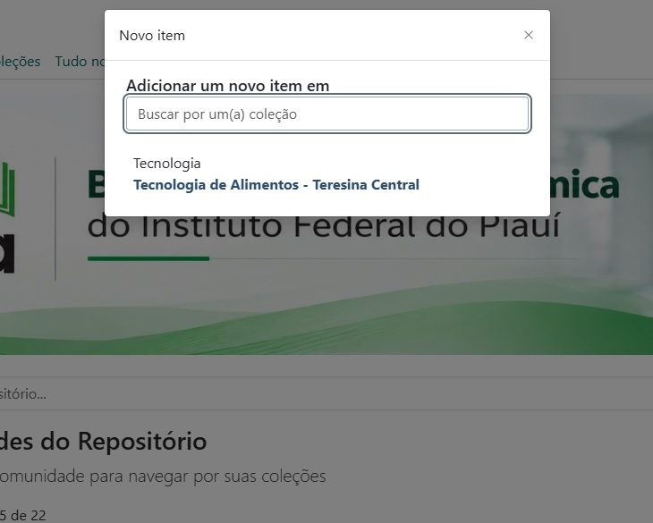 Janela Novo item, com o título Adicionar um novo item em, uma caixa de busca por coleção e, abaixo, a coleção Tecnologia de Alimentos, Teresina Central, dentro da comunidade Tecnologia.