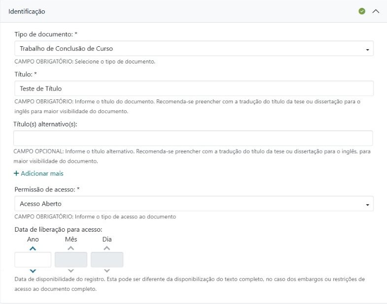 Seção Identificação completa, com ícone verde. Tipo de documento Trabalho de Conclusão de Curso, campo Título preenchido, Título alternativo em branco, Permissão de acesso como Acesso Aberto e Data de liberação para acesso em branco, com as caixas de ano, mês e dia vazias.
