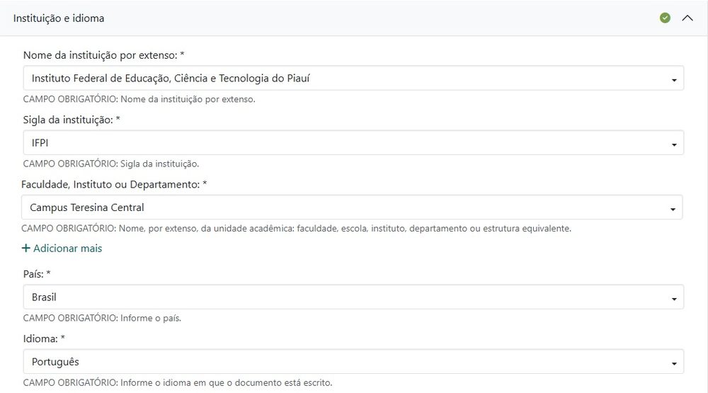 Seção Instituição e idioma preenchida: Nome da instituição por extenso com Instituto Federal de Educação, Ciência e Tecnologia do Piauí; Sigla com IFPI; Faculdade, Instituto ou Departamento com Campus Teresina Central; País com Brasil; e Idioma com Português.