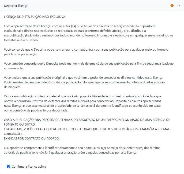 Seção Depositar licença com o texto completo da Licença de Distribuição Não Exclusiva e, ao final, a caixa Confirmo a licença acima marcada.