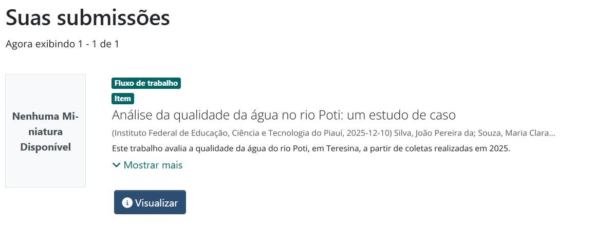 Página Suas submissões no MyDSpace mostrando um depósito com a etiqueta Fluxo de trabalho, que indica que ele aguarda revisão da biblioteca, o título do trabalho, os autores, o início do resumo e o botão Visualizar.